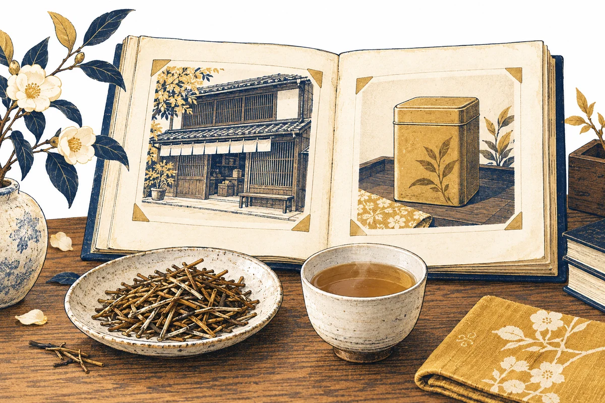 茶店と茶缶を描いたスクラップブックで、加賀棒茶の歩みを表したイメージ