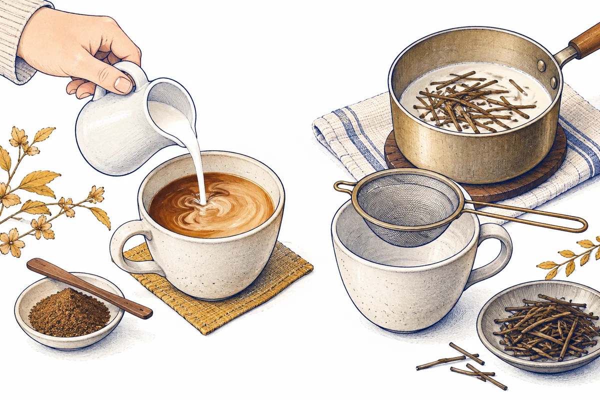 牛乳を注ぐラテと、茶葉を牛乳で煮出してこす道具のイラスト