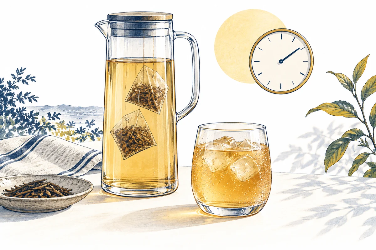 ティーバッグを入れた水出しポットと、冷たいほうじ茶のイラスト