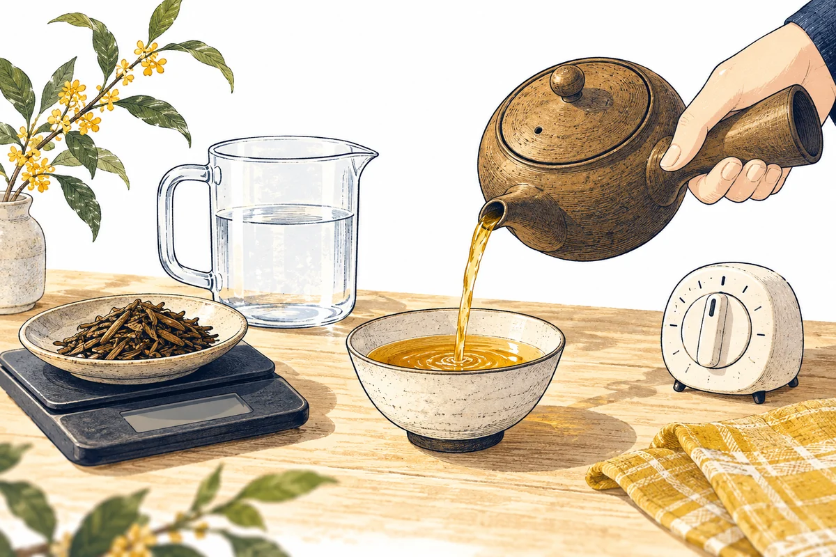 急須、茶葉、はかり、タイマーで淹れ方を確かめるイラスト