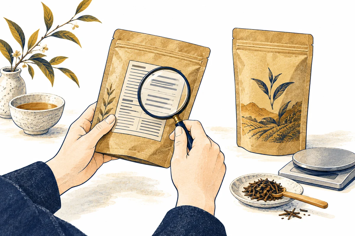茶袋の裏面表示を虫眼鏡で確かめる手と、内容量を表すはかりのイラスト