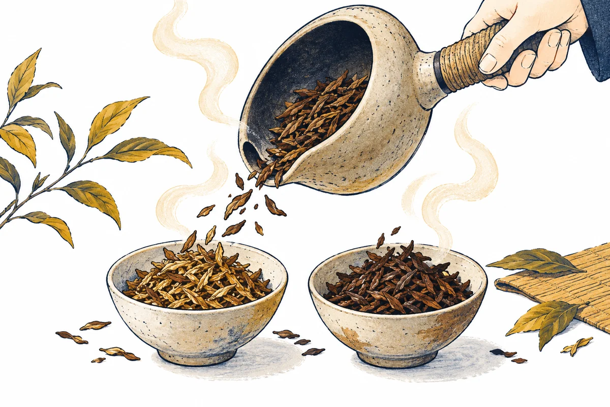 焙煎器と色の異なる茶葉で、焙煎の違いを表したイラスト
