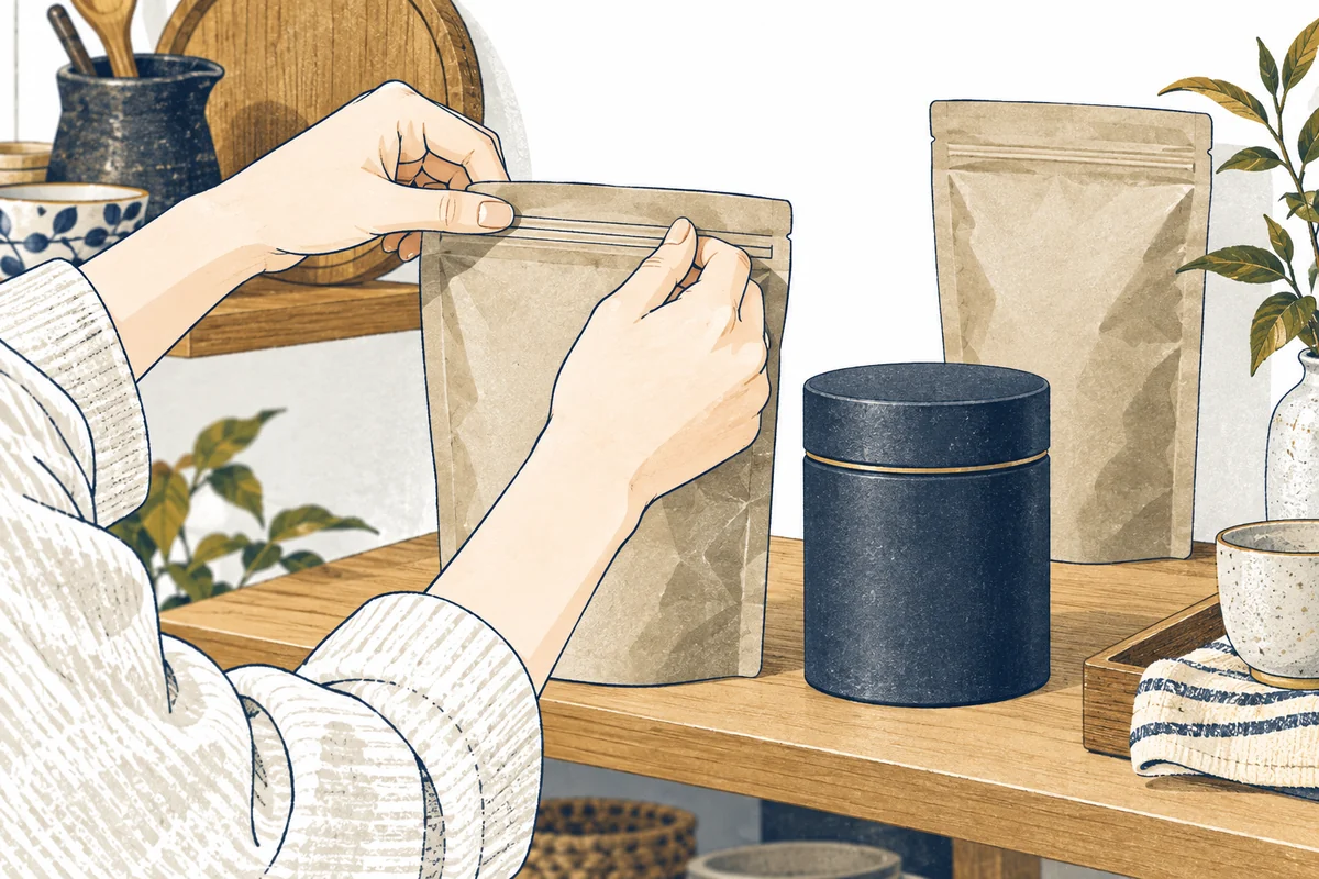 茶袋の口を閉じる手と、保存用の茶缶・買い置きの袋のイラスト