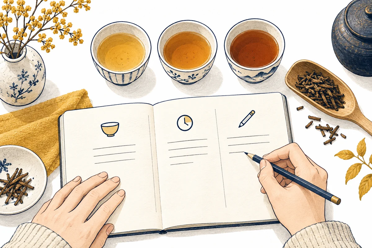 三つの湯のみを比べながら、淹れ方と感想をノートに記録するイラスト