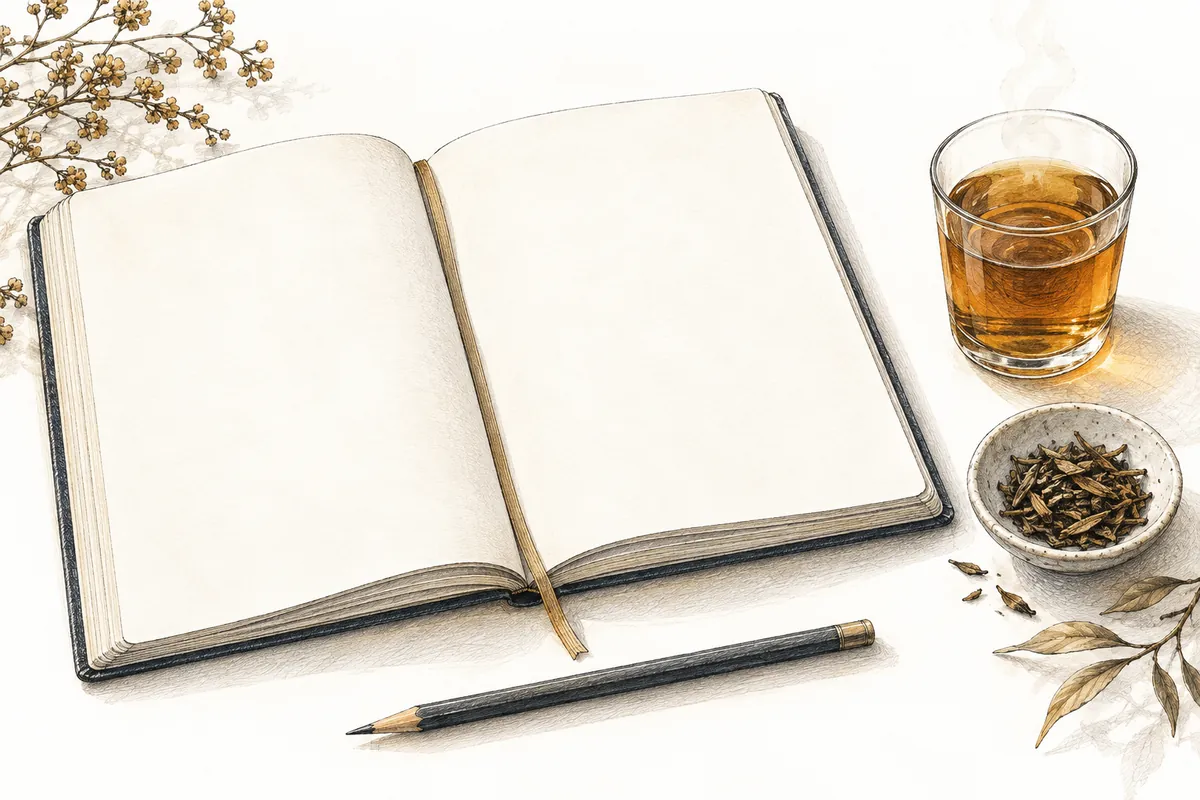開いた無地のノートと鉛筆、琥珀色のお茶のグラス、少量の茶葉を描いたイラスト。