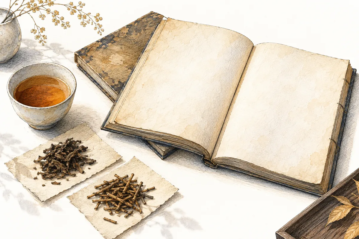 開いた古い本と閉じた本、紙に載せた茶葉と茎、湯のみを描いた資料読みのイラスト。