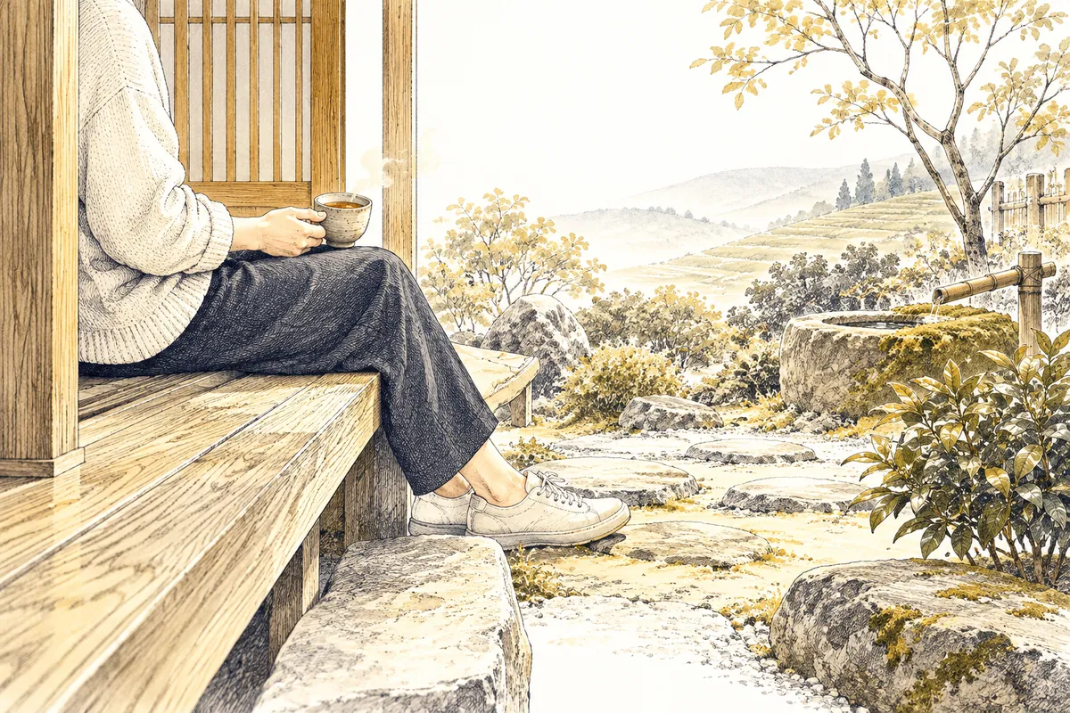 庭に面した木の縁側に座り、陶器の湯のみを手にする人の一部を描いたイラスト。