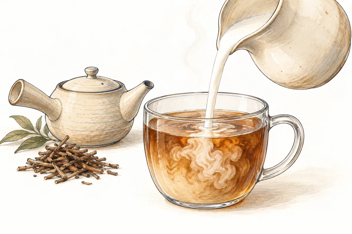 急須で淹れた茶を入れたカップに、ピッチャーから温めた牛乳を注ぐ挿絵