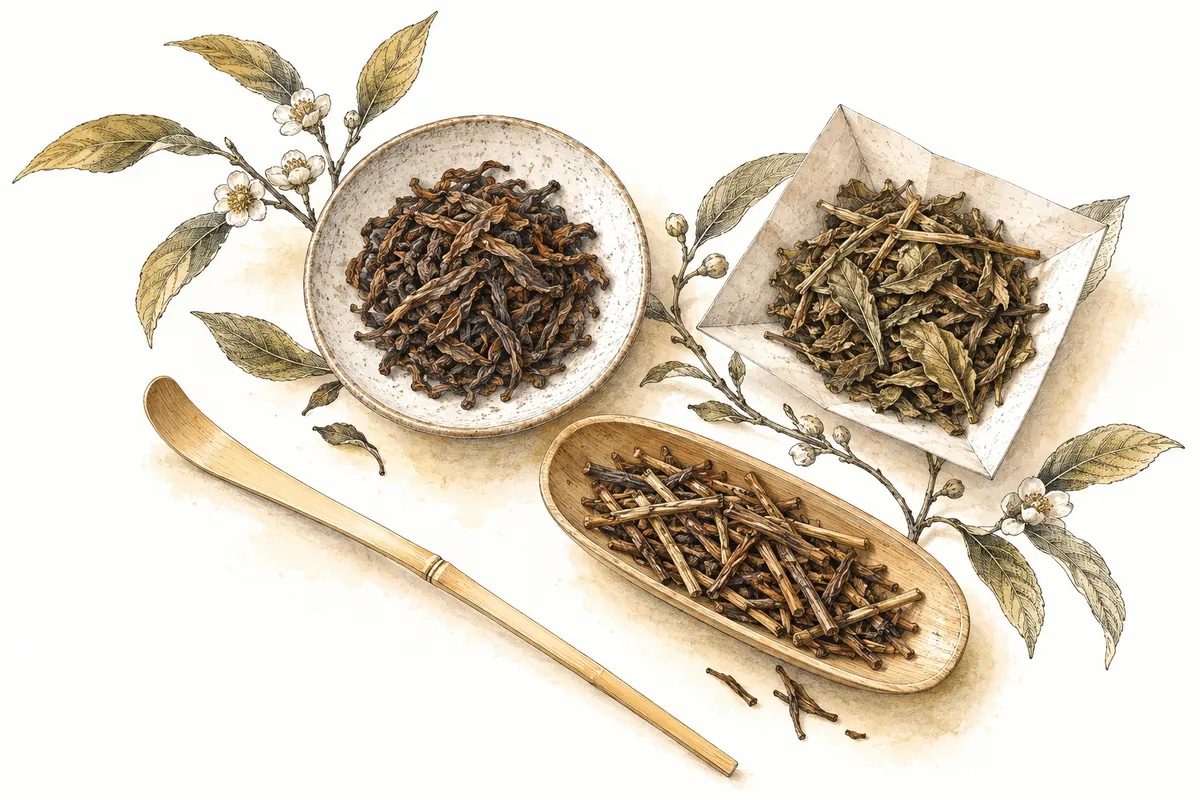 形の異なる三つの器に、茶葉や茎のサンプルを並べた俯瞰のイラスト。
