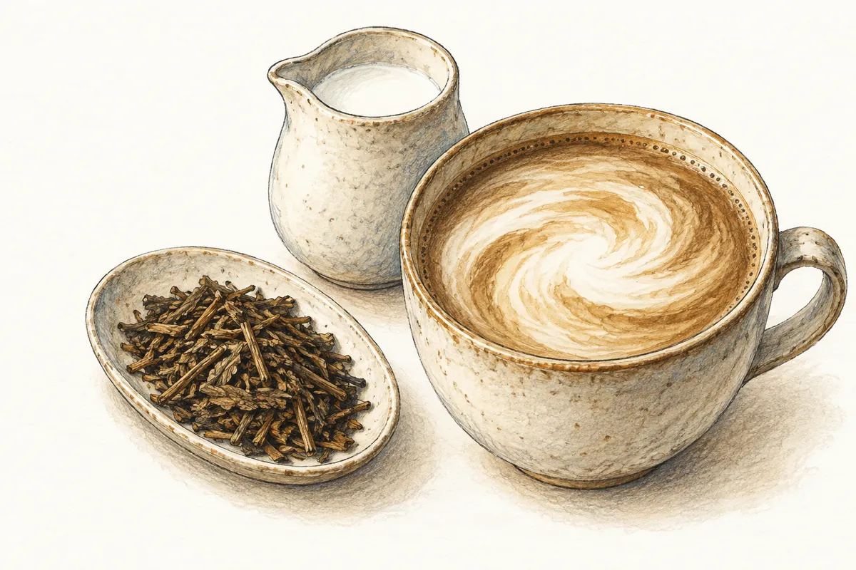 深い茶色のほうじ茶葉、ミルクピッチャー、乳白色の渦が浮かぶほうじ茶ラテのイラスト。