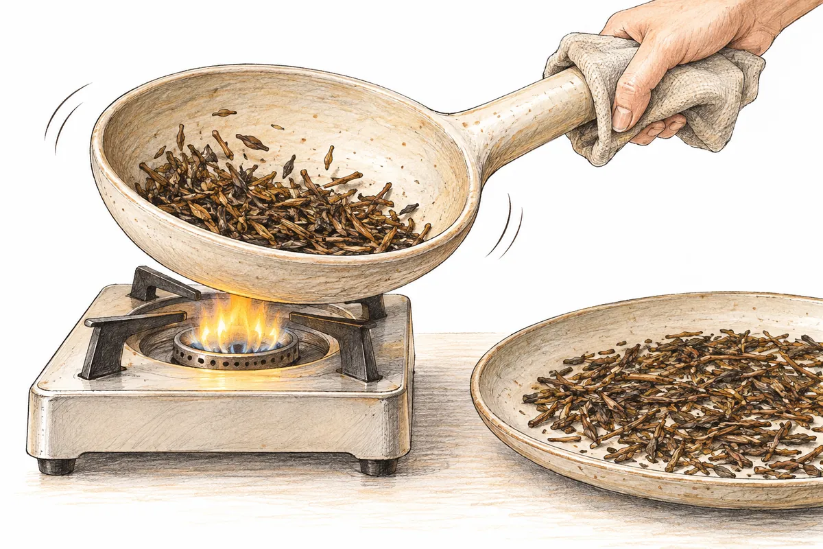 布で持ち手を握った手が、小さな火の上で茶葉入りの焙烙を動かす挿絵