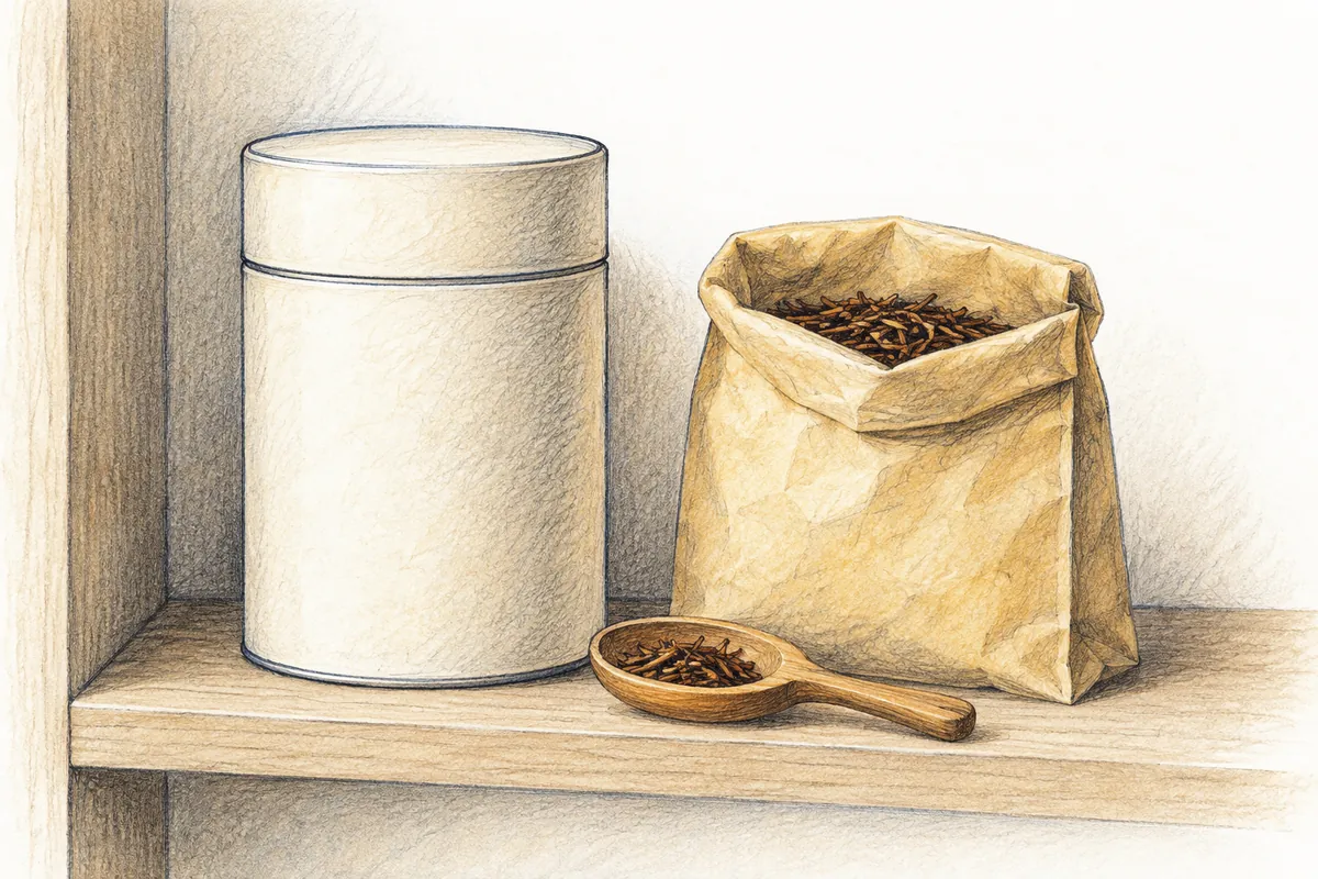 棚に置いた蓋付きの茶缶と、開いた茶袋、茶さじのイラスト