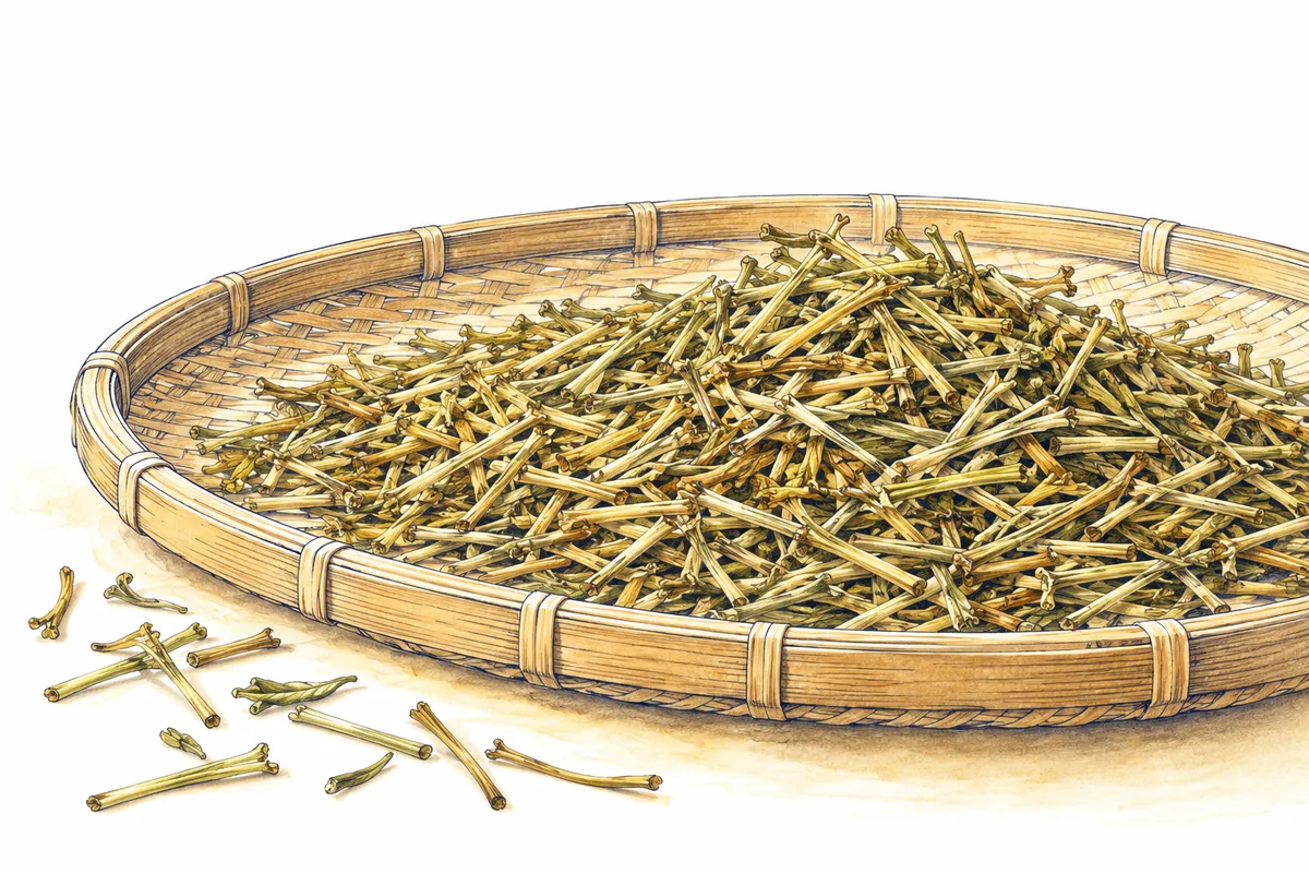 浅い竹の篩に広がる、淡い黄金色の細い茶の茎を描いた挿絵