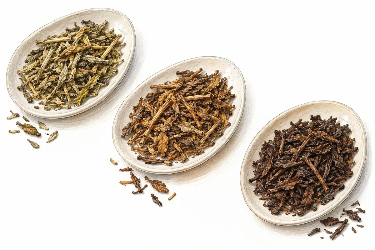 明るい黄金色から濃い茶色まで、色合いの異なる茶葉を三つの浅い器に並べた挿絵