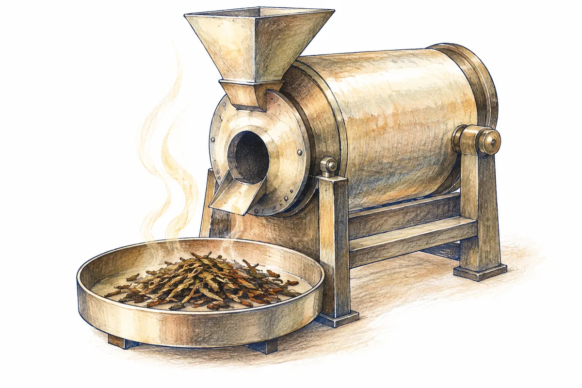 円筒形の胴体と受け皿を持つ、汎用的な茶の焙煎機を描いた挿絵