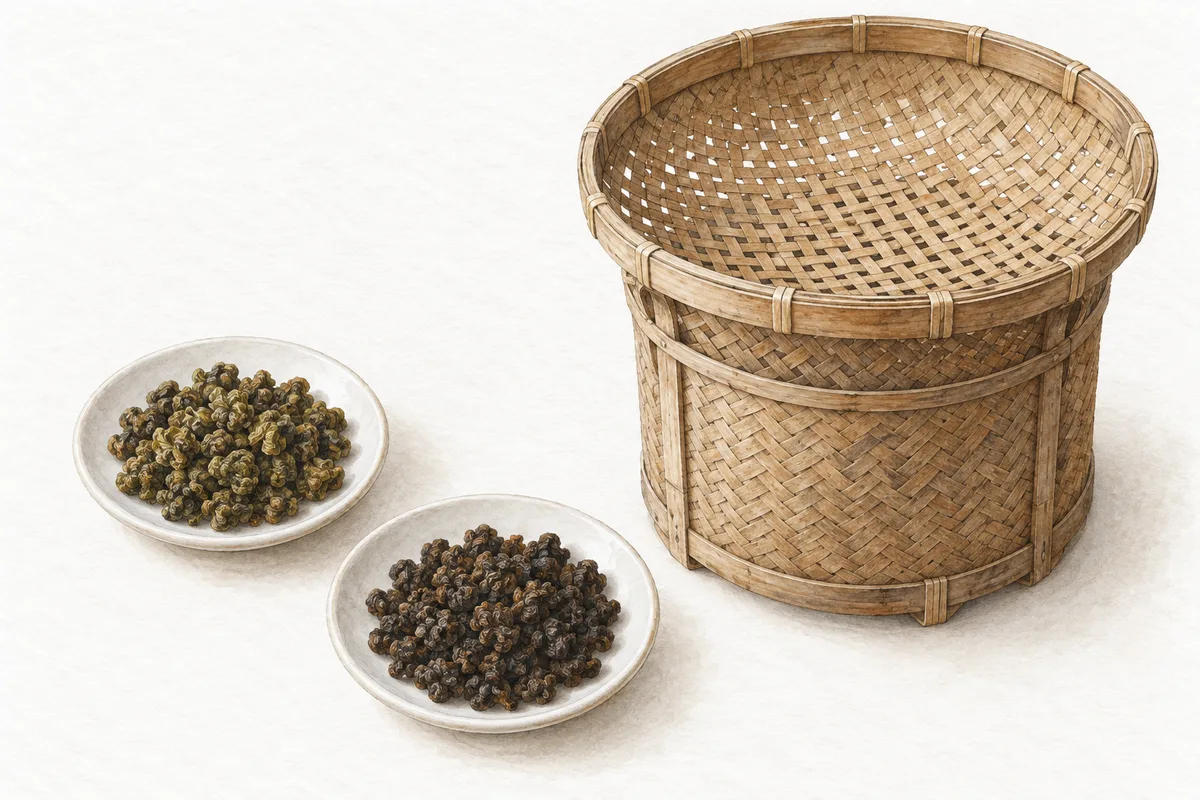 浅く焙じた緑褐色と深く焙じた濃い褐色の、球状に丸まった烏龍茶の茶葉を二つの白い小皿に分け、隣に竹編みの焙籠を置いたイラスト。
