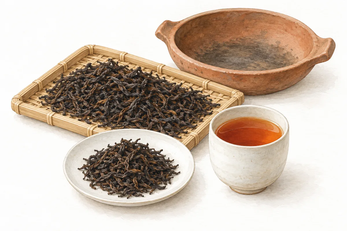 竹の盆に広げたよじれた紅茶の茶葉と、白い皿の焙じた茶葉、琥珀色の紅茶を注いだ湯のみ、奥に素焼きの焙烙を並べたイラスト。