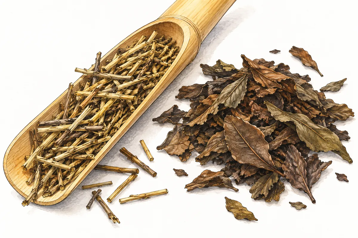 竹の茶さじに載せた細い茎と、その隣に広げた幅のある茶葉を対比した挿絵