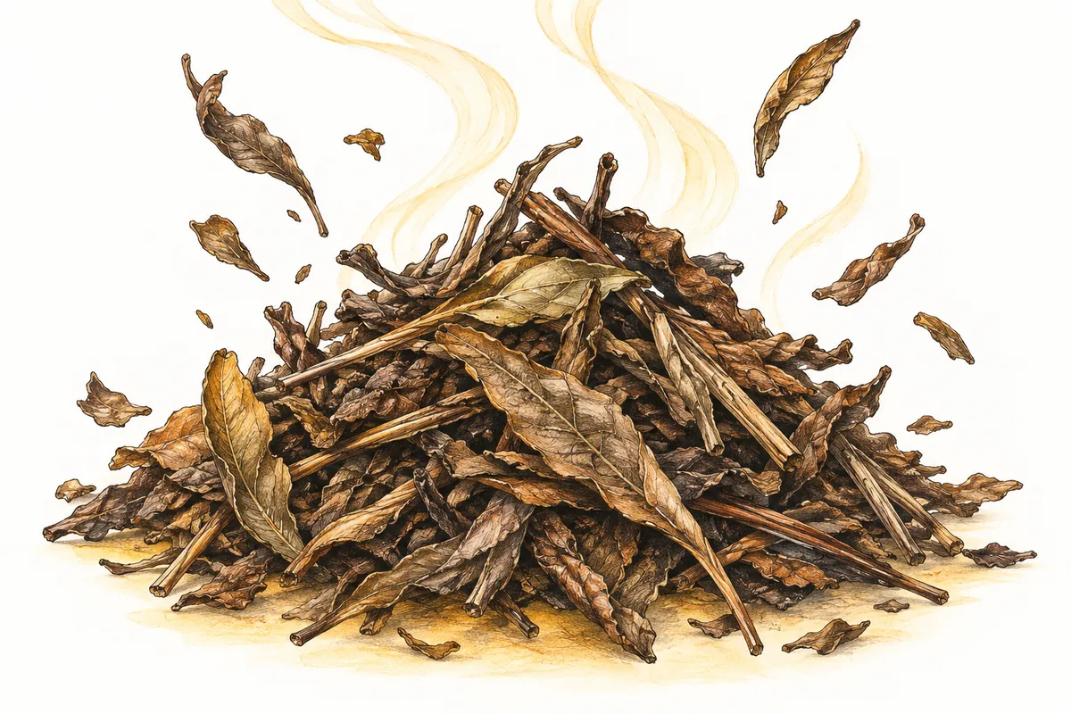 焙じた茶葉の大きな寄りと、立ち上る香りを象徴する金色の線の挿絵