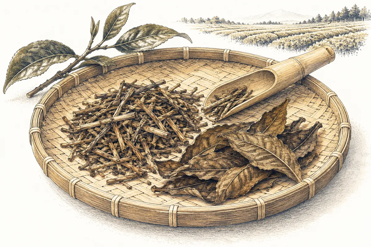 竹の盆に茎と大きな茶葉を広げ、奥に茶の枝を添えたイラスト。