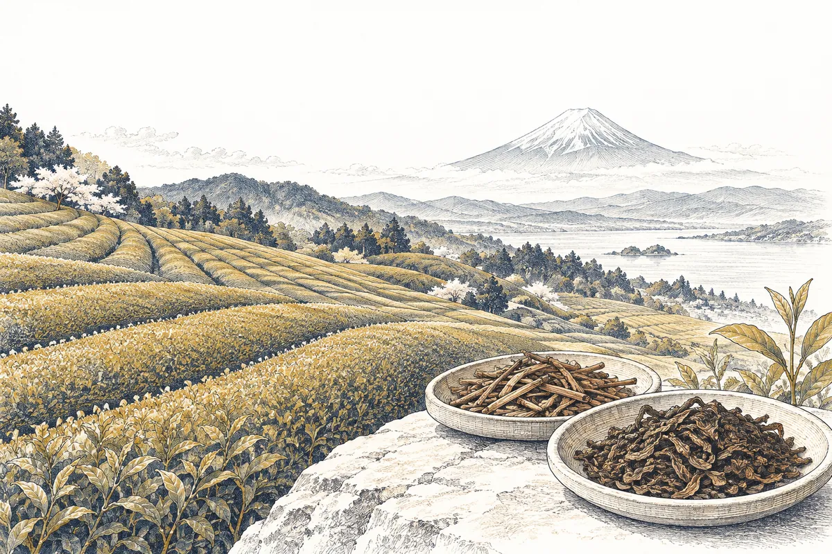 富士山を遠景に、茶畑の畝と、茎や茶葉を載せた二つの盆を組み合わせたイラスト。